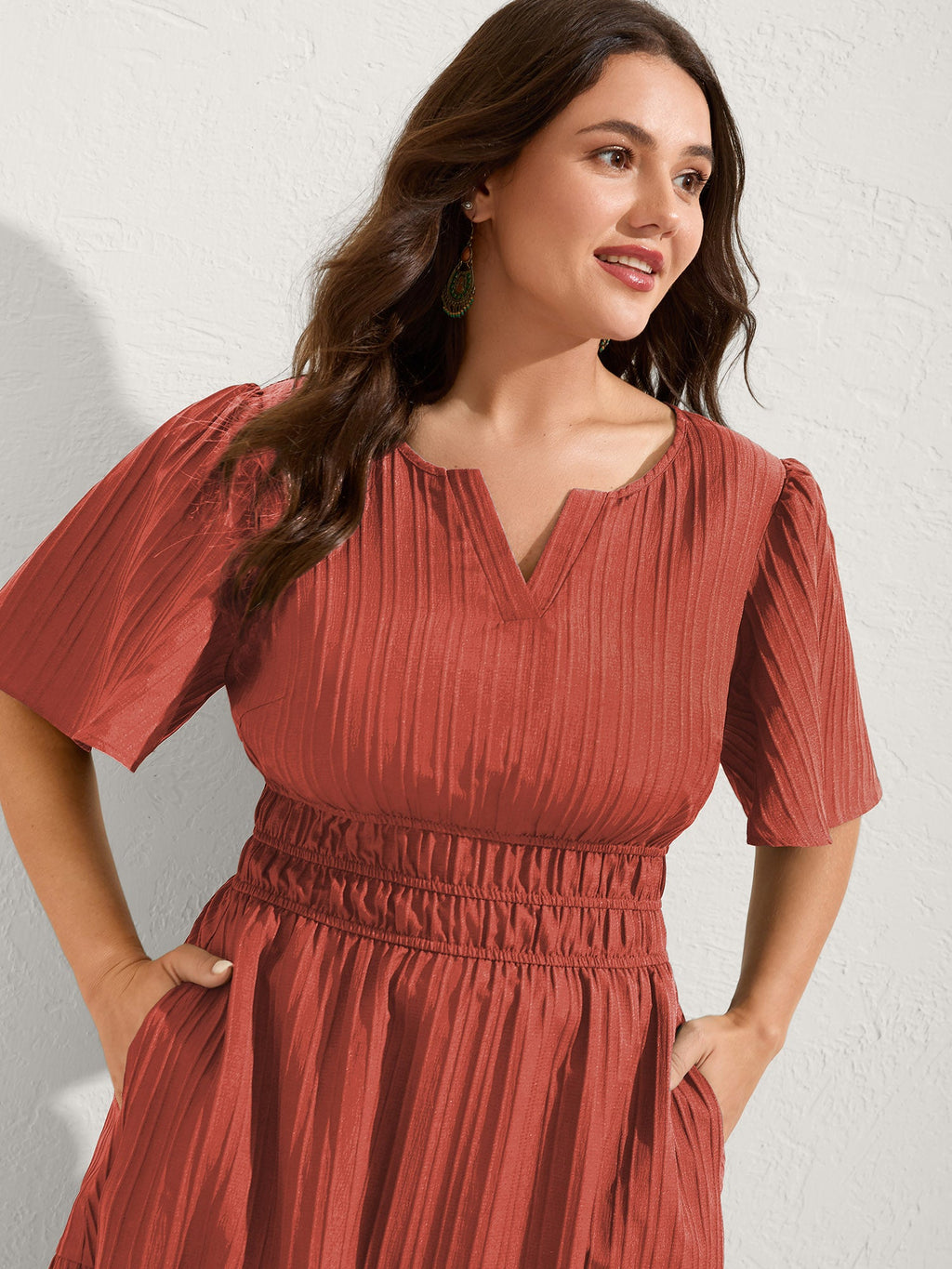 Textured Shirred Cinched Waist Maxi Dress