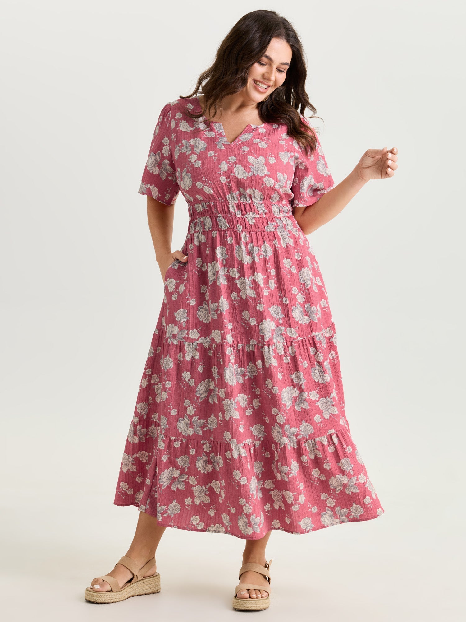 Textured Shirred Cinched Waist Maxi Dress