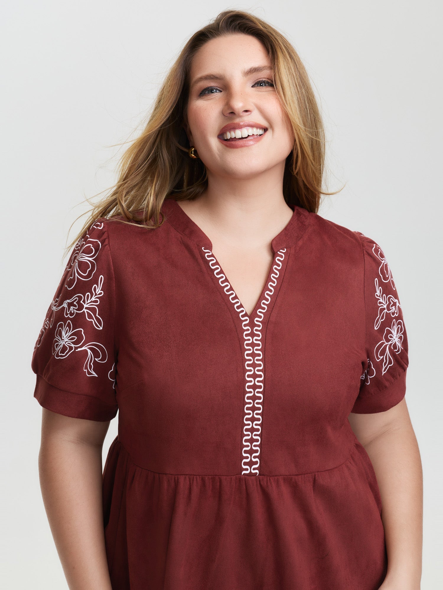 Thread Embroidery Tiered Pockets Mini Dress