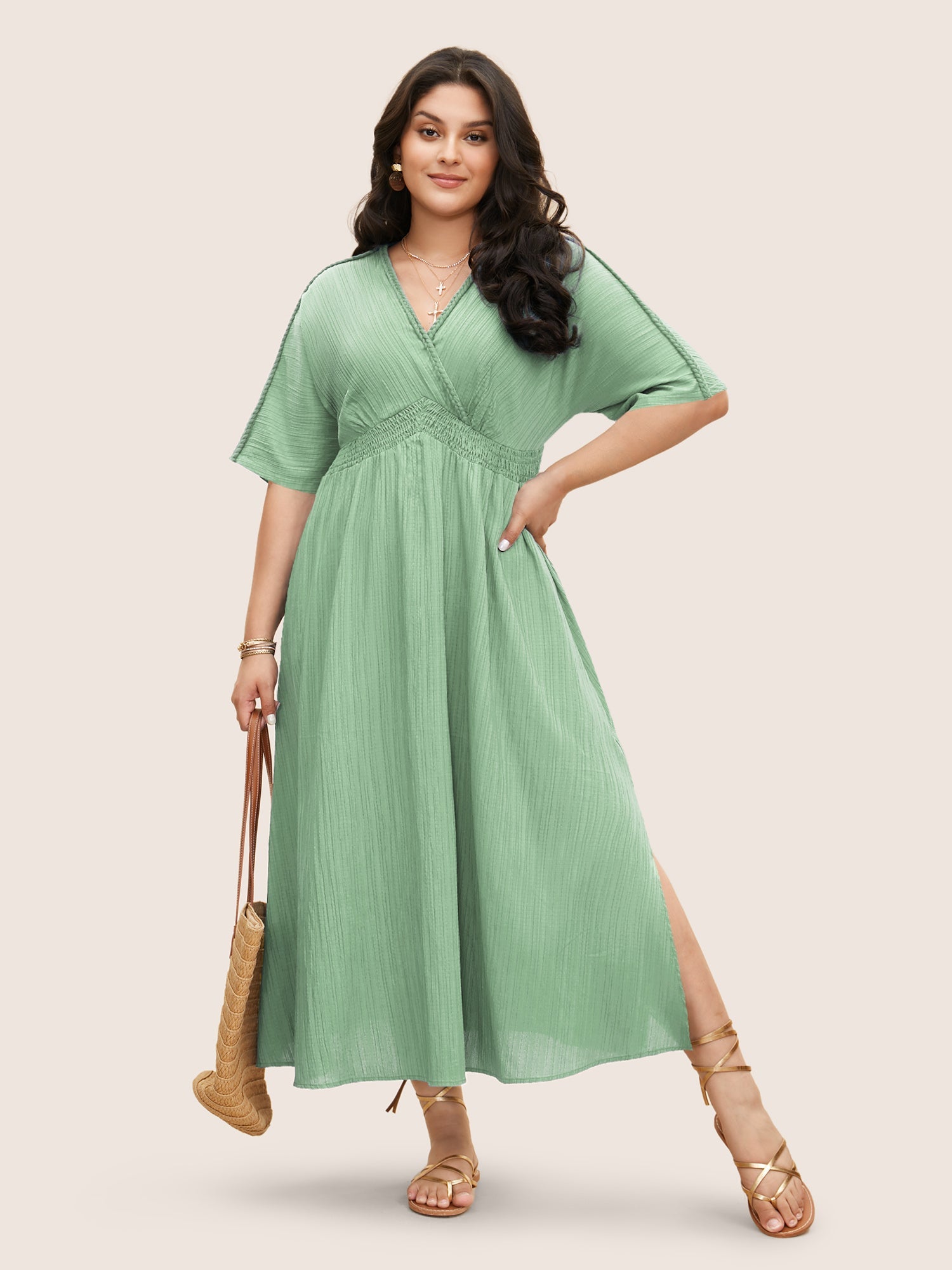 V Neck Shirred Contrast Webbing Split Side Dress