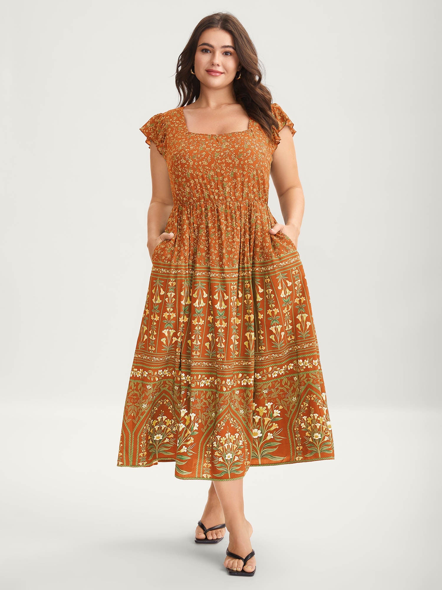 Rayon Garden Fresh Ruffled Sleeve Midi Dress