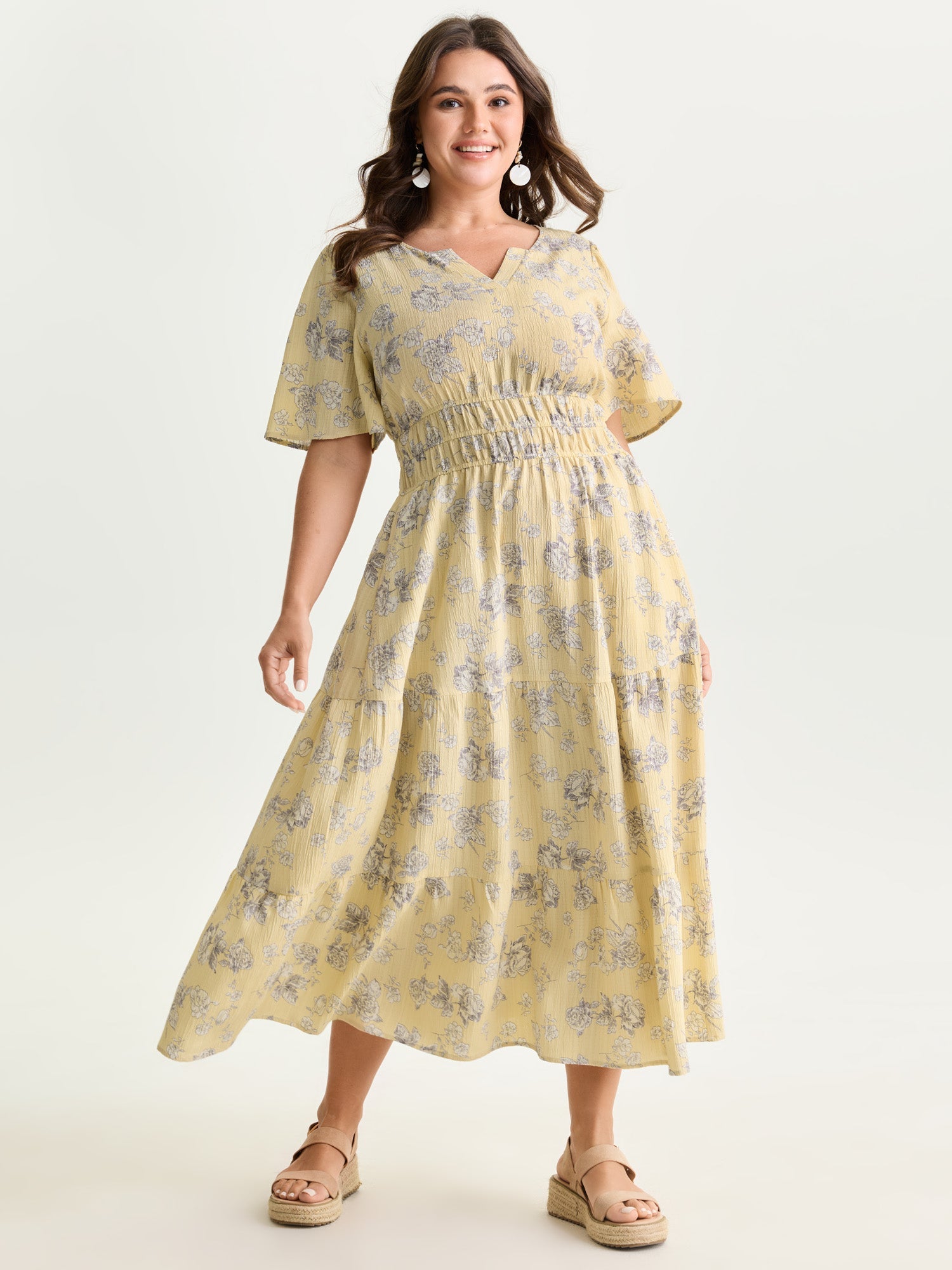 Textured Shirred Cinched Waist Maxi Dress