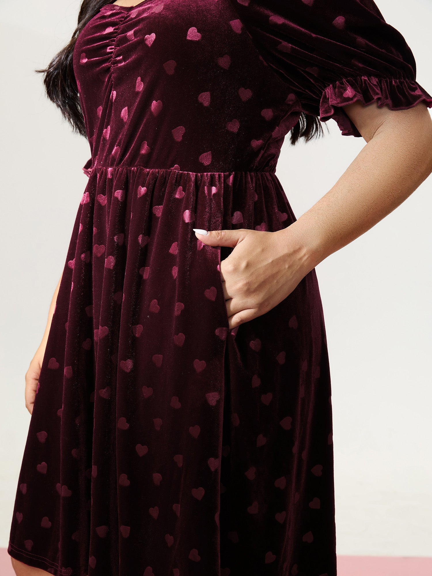 Velvet Heart Print Puff Sleeve Mini Dress