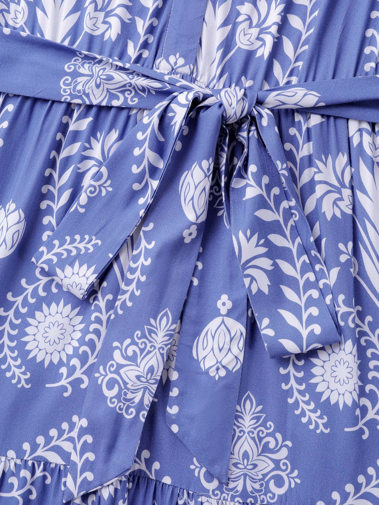 Boho Print Belted Side Pockets Midi Dress